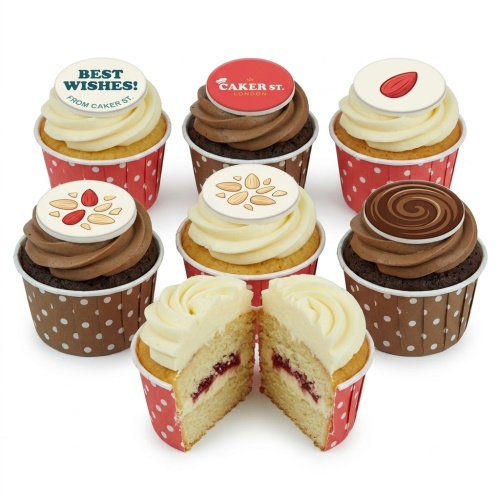 Assortment of vanilla and chocolate cupcakes with "Best Wishes!" and almond-themed edible toppers.