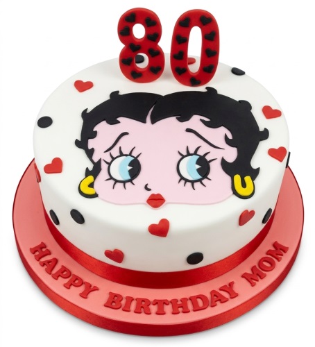 White round Betty Boop birthday cake with red hearts, black polka dots, and a custom age topper.