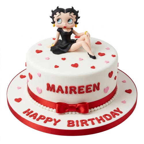 White single-tier Betty Boop birthday cake with red hearts, red ribbon, and custom message.