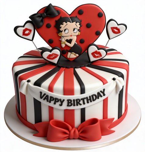 Round Betty Boop birthday cake with red, black, and white stripes, a large heart topper with Betty Boop, and smaller heart decorations.