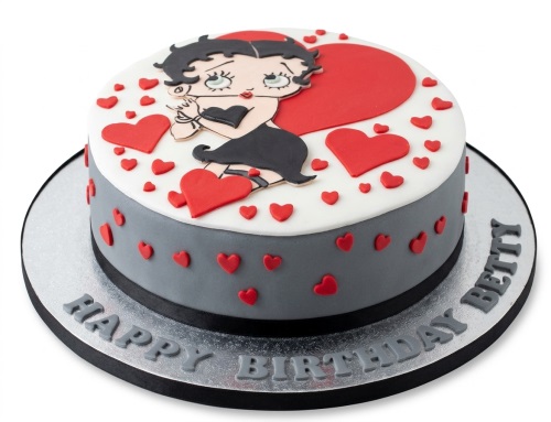 Round Betty Boop birthday cake with red hearts on white and grey fondant.