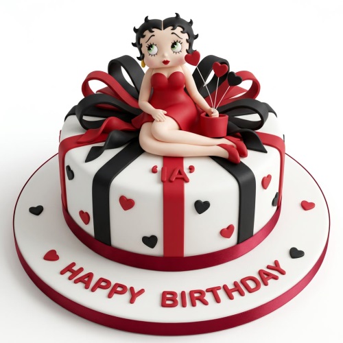 Round white Betty Boop birthday cake with red and black ribbons, hearts, and a Betty Boop figurine.