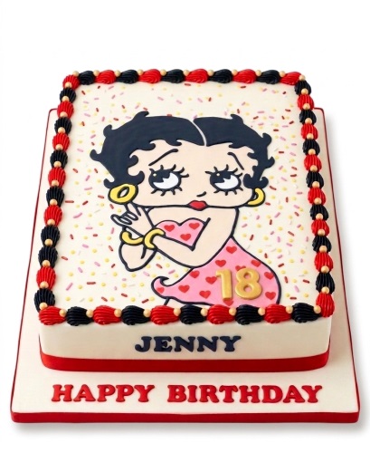Rectangular Betty Boop birthday cake with red and black border, sprinkles, and custom age topper.