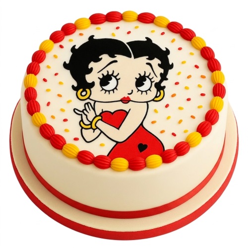 Round Betty Boop themed birthday cake with red and yellow piped border and sprinkles.
