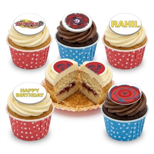Beyblade themed cupcakes with edible logo and spinner toppers, some with custom text.
