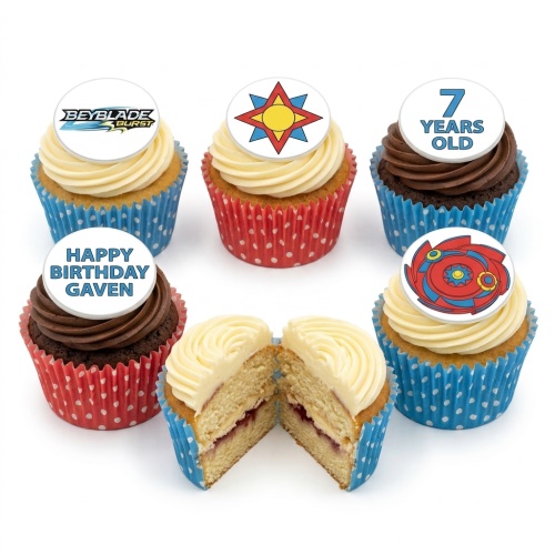 Beyblade Burst themed cupcakes with blue and red cases, vanilla and chocolate frosting, and custom age and name toppers.