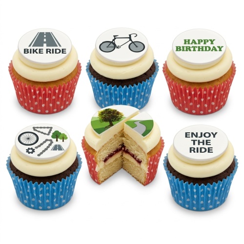 Cupcakes with white frosting and cycling toppers: bicycle, road, bike parts, "Bike Ride", "Happy Birthday", "Enjoy The Ride".