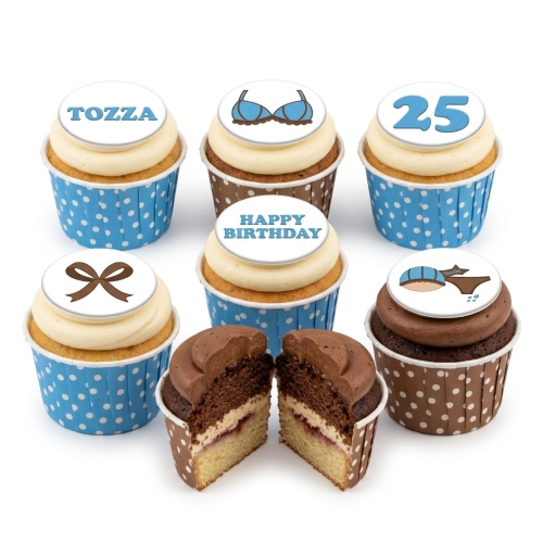 Adult birthday cupcakes with lingerie theme toppers, including a bra, underwear, a bow, and a custom age number.