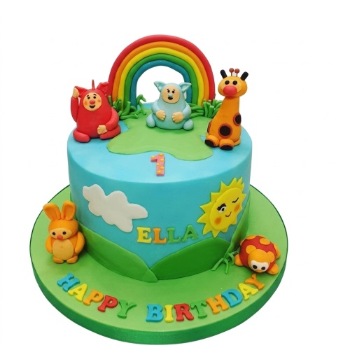 In The Night Garden themed birthday cake with rainbow, characters, custom age and name.