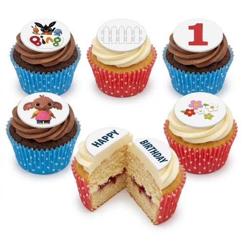 Bing Bunny themed cupcakes with chocolate and vanilla frosting, custom age topper, and 'Happy Birthday' message.