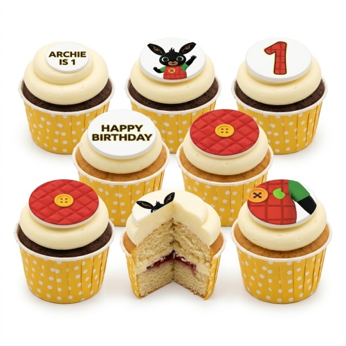 Bing Bunny themed cupcakes with white frosting, yellow polka dot wrappers, and red button decorations.