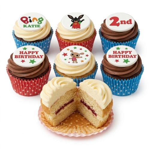 Selection of Bing Bunny themed birthday cupcakes with character toppers and 'Happy Birthday' messages.