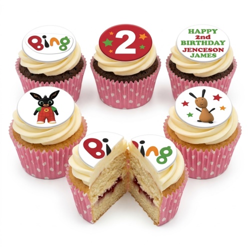 Bing Bunny themed cupcakes with white frosting, red and green stars, and custom age topper.