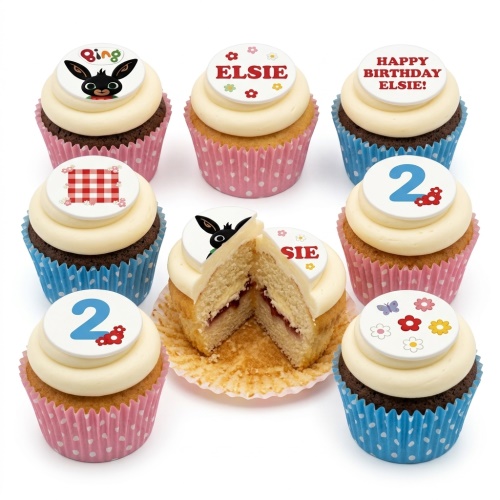 Assortment of Bing Bunny themed birthday cupcakes with custom age and personalised name toppers.
