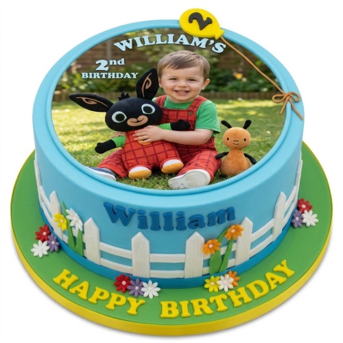 Round Bing Bunny birthday cake with edible photo, picket fence, flowers, and custom age balloon.