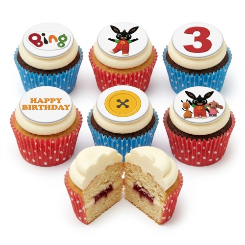 Bing Bunny themed cupcakes with white frosting, red and blue polka dot cases, and edible character toppers including a number 3 and 'Happy Birthday' message.