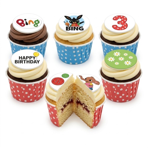 Six Bing Bunny themed cupcakes with character, Happy Birthday, and custom age toppers.