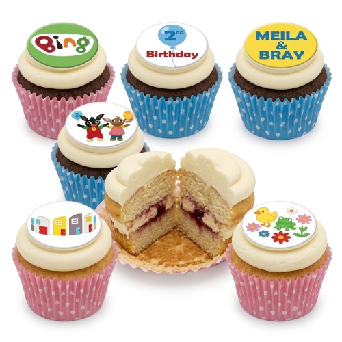 Bing Bunny themed cupcakes with white frosting, custom age, name, and character toppers.