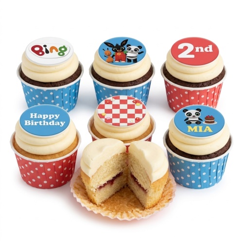 A set of Bing Bunny themed cupcakes with white frosting, red and blue polka dot cases, featuring Bing Bunny characters, a 'Bing' logo, 'Happy Birthday' message, and a custom age topper.