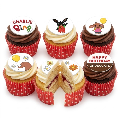 Bing Bunny themed cupcakes with edible toppers of Bing, Flop, and Sula, for a kids' birthday.