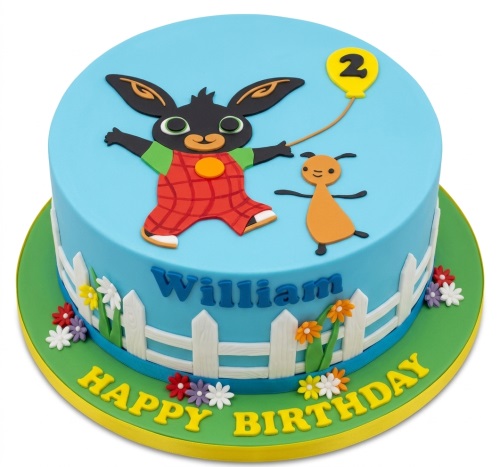 Round blue Bing Bunny birthday cake with Flop, white fence, flowers, and a yellow balloon with a custom age.