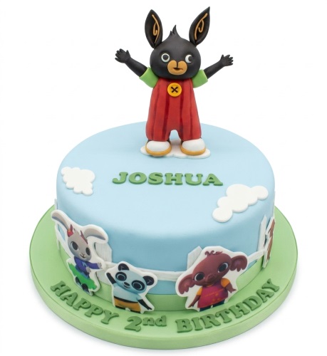 Round light blue Bing Bunny birthday cake with 3D topper, character cut-outs, and custom name/age.