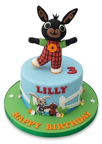Round blue Bing Bunny birthday cake with 3D character topper, friends, fence, and custom age.
