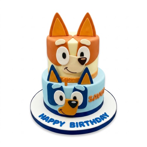 Two-tier Bluey and Bingo character birthday cake with custom age and name