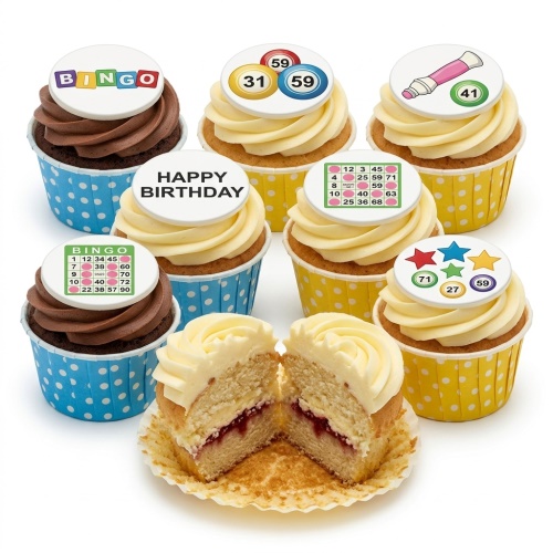 A selection of cupcakes with white frosting and edible bingo-themed toppers, including bingo balls, cards, and a dabber, in blue and yellow polka dot cases.