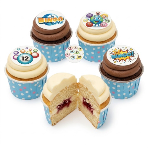 A selection of vanilla and chocolate cupcakes with blue polka dot wrappers and edible bingo-themed toppers, including 'BINGO Blitz' and bingo balls.