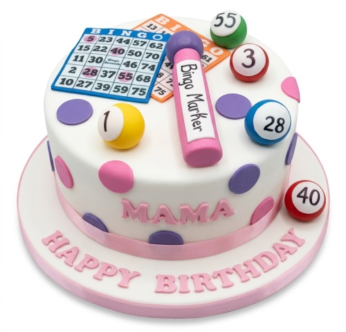 White round birthday cake decorated with bingo cards, colourful bingo balls, and a pink bingo marker. Features pink and purple polka dots.