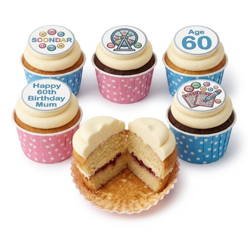 Bingo themed birthday cupcakes with game wheel, bingo card, and custom age toppers.