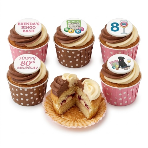 Set of six cupcakes with two-tone frosting and edible toppers. Toppers include a bingo card, a black labrador, a wine glass with '80', and custom age and message examples.