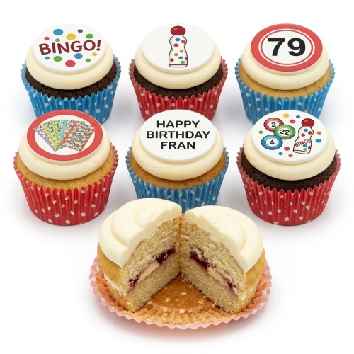 A set of bingo themed birthday cupcakes with custom age and personalised message toppers.