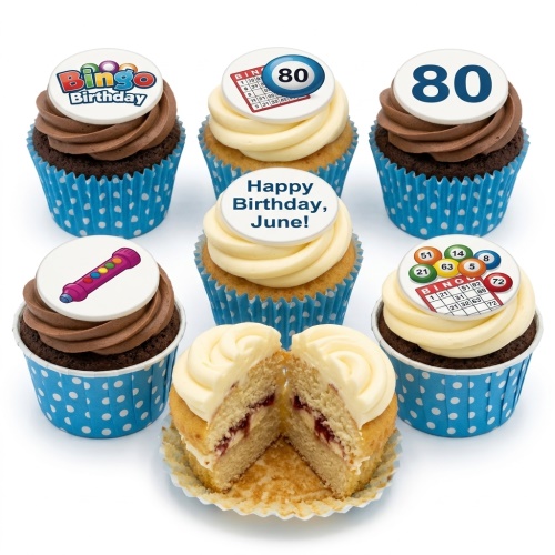 A set of bingo-themed birthday cupcakes with custom age and microphone toppers.