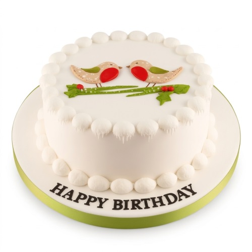 Round white birthday cake with two fondant robins on a holly branch and "Happy Birthday" message.