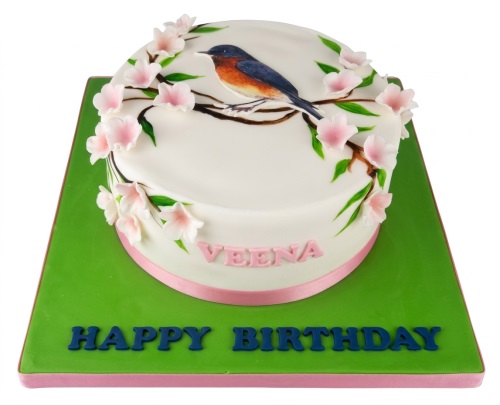 White round birthday cake with a hand-painted bird, cherry blossoms, and a personalised name.