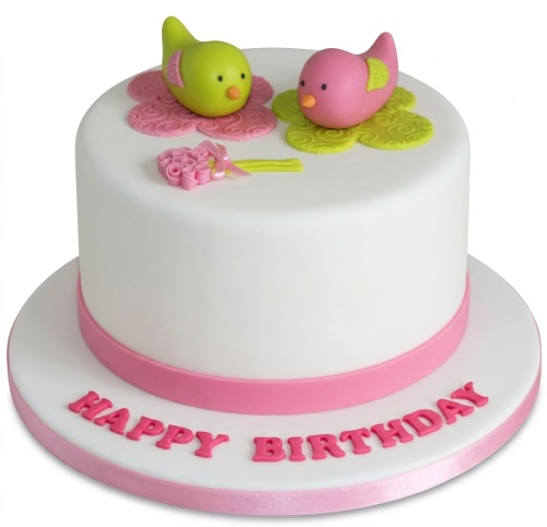 White round birthday cake with pink and green fondant birds and pink 'Happy Birthday' message.