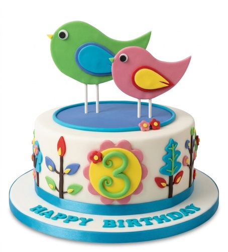 White round cake with green and pink bird toppers, colourful nature decorations, and a custom age number.