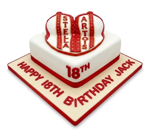Two-tier Stella Artois themed birthday cake with a red and white corset top and custom age.
