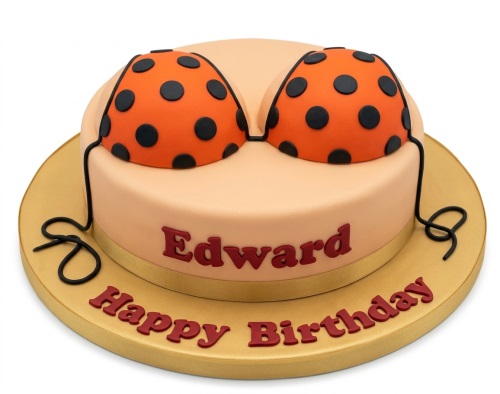 Round single-tier novelty cake with an orange and black polka dot bikini top design.