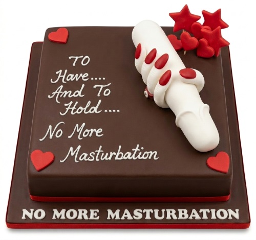 Two-tiered brown square cake with a white fondant hand holding a phallic object, red hearts, stars, and "No More Masturbation" message.
