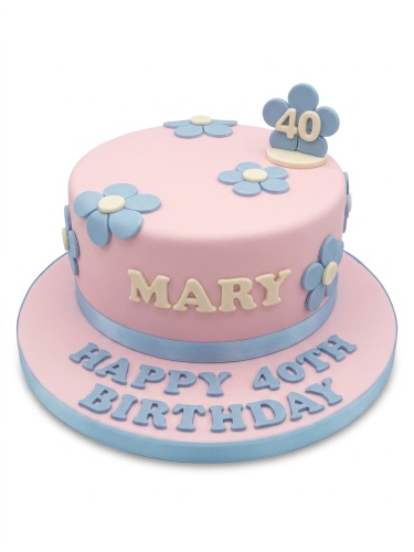 Pink round birthday cake with blue and white flowers and a custom age topper.