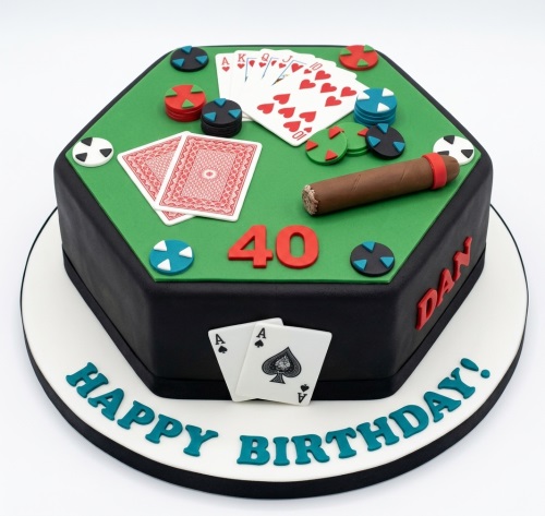 Hexagonal poker themed birthday cake with playing cards, poker chips, and a cigar, with custom age.