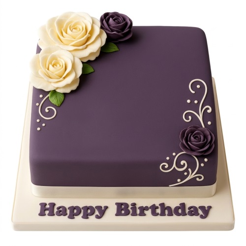 Square purple birthday cake with cream and purple fondant roses, white scrollwork, and 'Happy Birthday' message.
