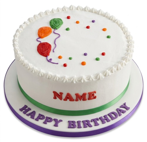 Round white birthday cake with red, orange, green balloons and colourful confetti dots, green and purple ribbons.