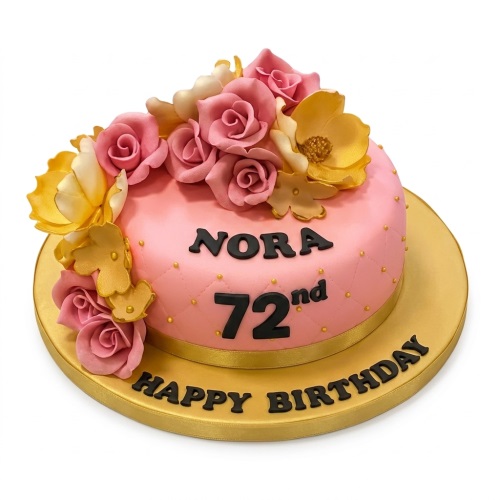 Pink birthday cake with gold and pink sugar flowers, quilted side, and custom age text.