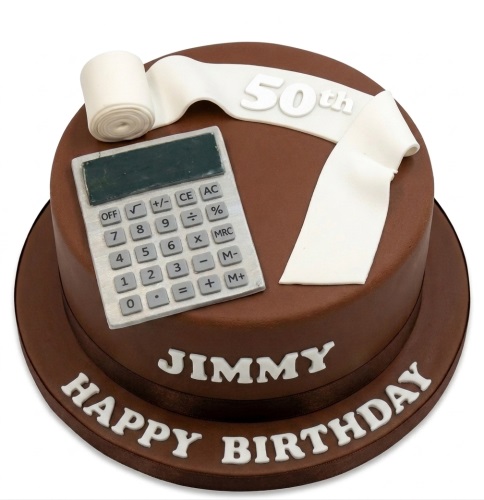 Brown round birthday cake with a grey calculator, white paper scroll, '50th' age, and 'Jimmy Happy Birthday' message.