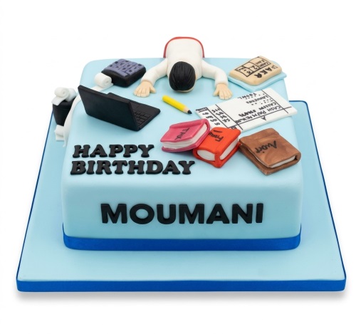 Square light blue fondant cake with an office work theme, featuring a figure, laptop, calculator, and books.