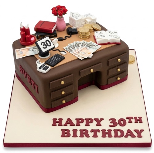 Accountant desk birthday cake with edible books, money, and office items, custom age monitor.